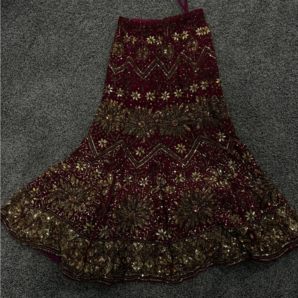 Elegant Burgundy and Gold Embellished Skirt